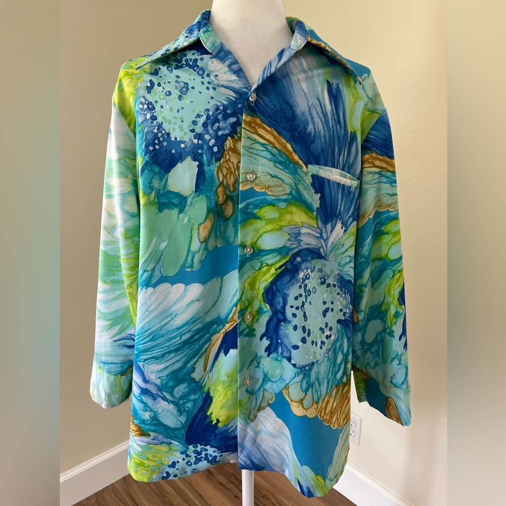 Vintage 1970s Tory Richards Men’s Long-Sleeve Shirt Watercolor Print | M